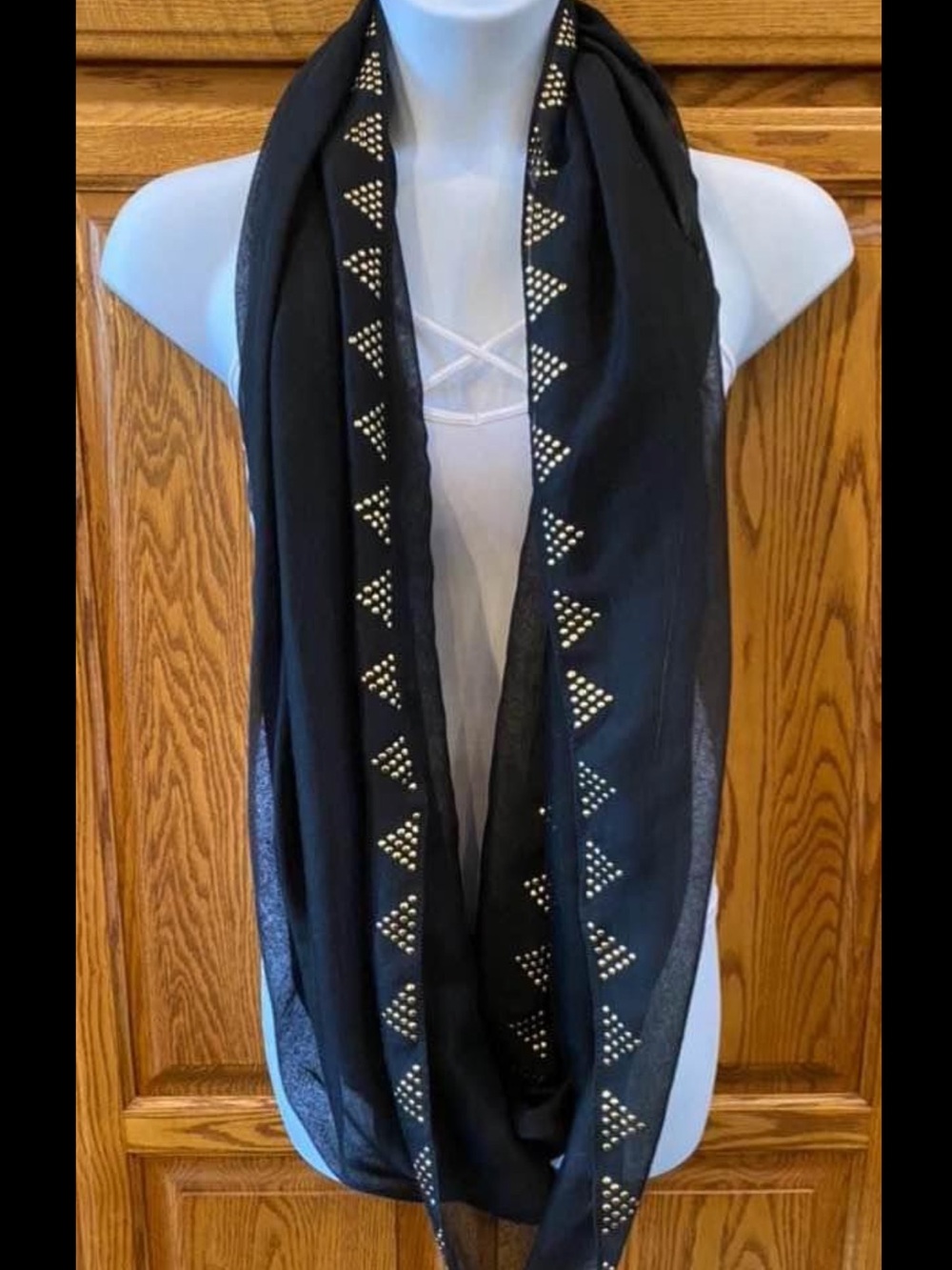 Forever 21 Black Infinity Scarf with Gold Stud Triangle Trim